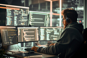 A focused programmer working late at night surrounded by multiple computer monitors in a modern tech environment.