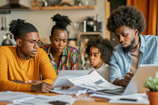 Worried African American Family Reviewing Financial Documents Together, Showing Stress Over Budgeting And Household Finances.