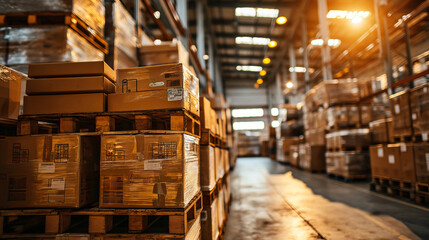 Warehouse interior with pallets and cardboard boxes on shelves.