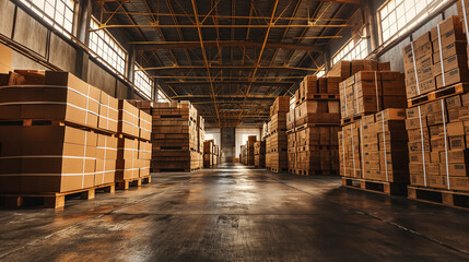 Warehouse with pallets filled with cardboard boxes. Shipping and freight industry. - obrazy, fototapety, plakaty
