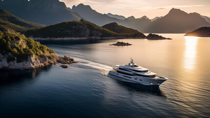 Fototapeta na wymiar Luxury boat in the bay in the dusk.