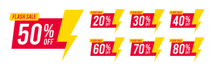 Flash sale discounts from 20, 30, 40, 50, 60, 70, 80 percent. Trendy red sales promotion banner element. Vector illustration