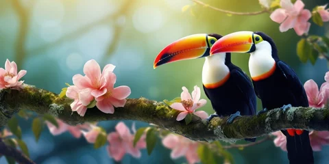 Foto op Plexiglas Hyper realistic photo quality double toucans on a blooming branch with 777 text and a green forestry background © sambath