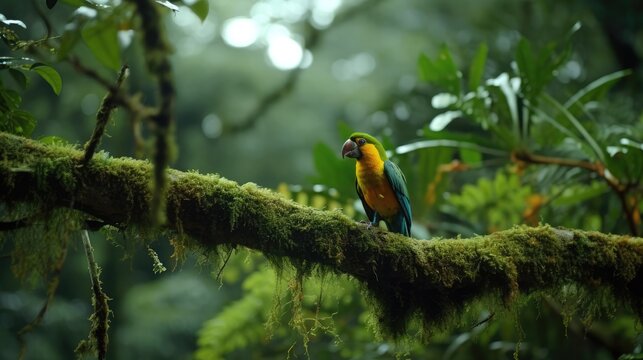 Huge trees and colorful birds in the Amazon rainforest, track photography, photo grade, UHD, high detail 