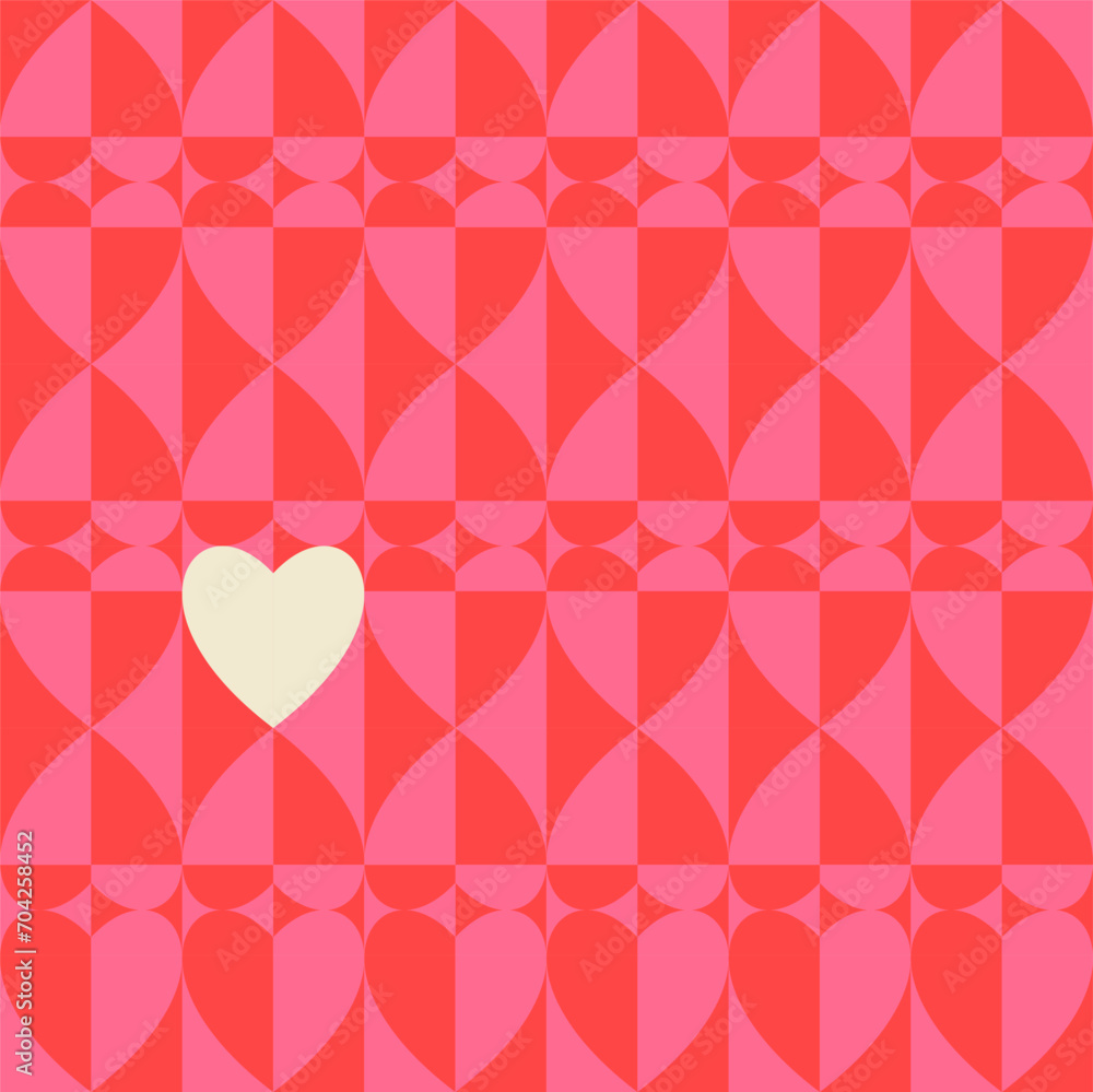 Poster romantic vector abstract geometric background with hearts in retro style. pastel colored simple shap