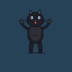Cute cartoon character vector black cat. Kawaii animal. Black silhouette sticker print. Flat design style. Vector illustration