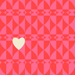 Romantic vector abstract geometric background with hearts in retro style. Pastel colored simple shapes graphic pattern. Abstract mosaic artwork.