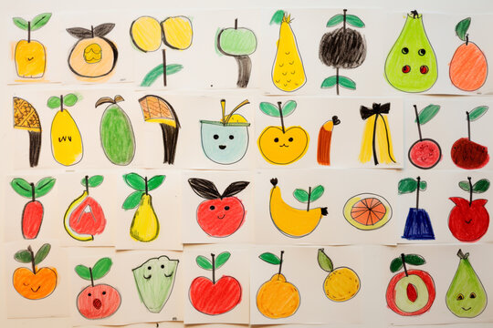 Drawing pictures of various cute fruits by children