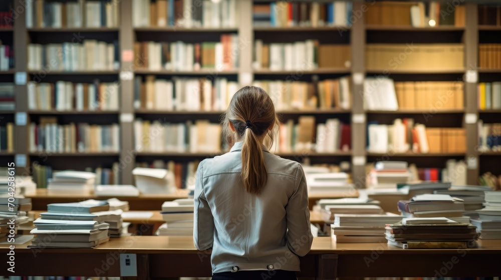 Poster stock photo of a focused librarian organizing books in a library, seen up close and from behind. the