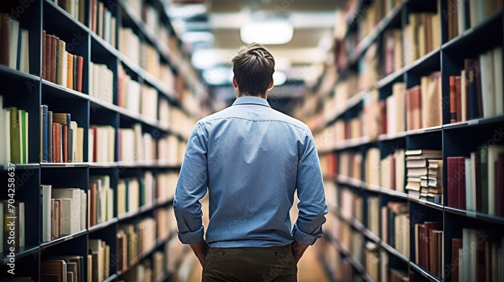Poster stock photo of a focused librarian organizing books in a library, seen up close and from behind. the