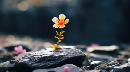 small small flower growing on a rock in a beautiful environment, in the style of precisionist art,...