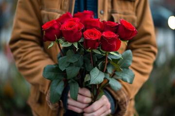 Fototapeta na wymiar Man holding red roses, closeup.
