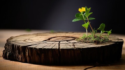 The stump of a tree with a plant growing out, in the style of creative commons attribution, precisionist lines, engineering/construction and design, distressed surfaces, 