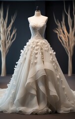 Fototapeta na wymiar Wedding dress gown on mannequin modern house