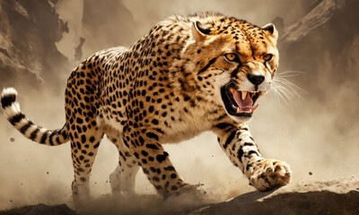 Fantasy Illustration of a wild animal cheetah. Digital art style wallpaper background.