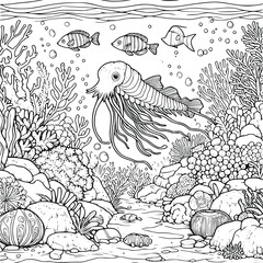 underwater world coloring book hand drawn. ocean life coloring page black and white vector illustration