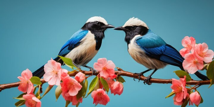 Two beautiful magpies, with blue feathers and red beaks, perched on a flower branch. The details are in high definition, with high resolution and picture quality