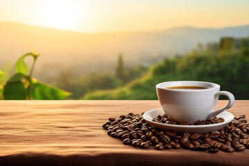 Hot coffee cup on table with mountain view background
