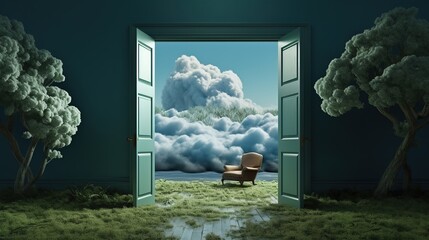 Surreal landscape with open door to the sky