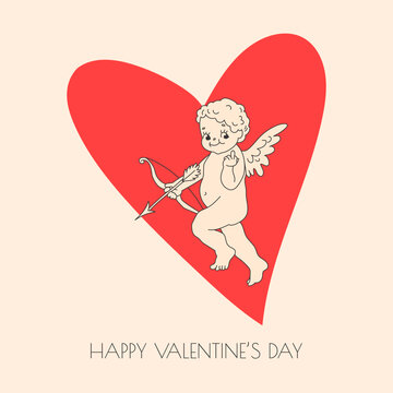 Happy Valentines Day poster with funny Cupid Angel in retro cartoon style. Colorful background. Vector Hand Drawn Illustration