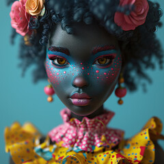 A whimsical doll adorned with delicate pink flowers stands out with its striking black face, evoking a sense of beauty and mystery in this captivating toy