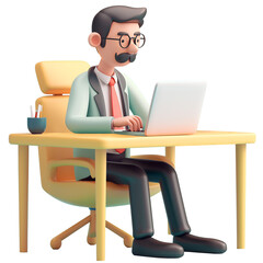 Man working while sitting in front of laptop, 3d design. Suitable for business and design elements