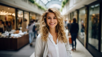 A young blonde woman smiling in a shopping mall, - obrazy, fototapety, plakaty