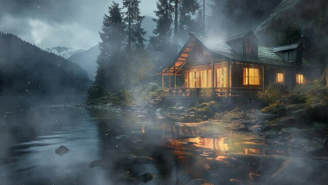 Wooden house with glowing windows by the lake in the fog