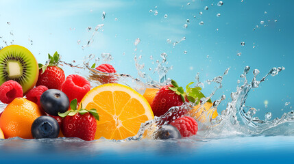 A picture of fruit and water splashing with a blue background. Ai generative