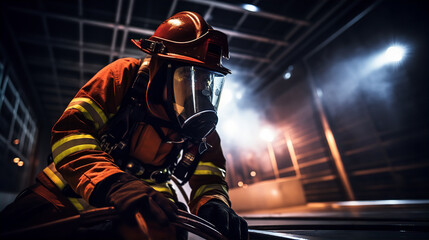 Fototapeta na wymiar 火災現場で働く消防士・自衛隊・レスキュー隊員のアジア人男性 