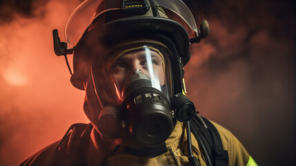火災現場で働く消防士・自衛隊・レスキュー隊員のアジア人男性
