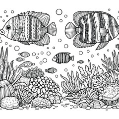 underwater world coloring book hand drawn. ocean life coloring page black and white vector illustration
