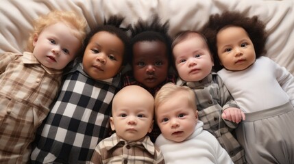 Top view of various multi-ethnic kids lying on a light background and looking at the camera. Group portrait of newborn babies. Professional photo shoot of children of different nationalities and races