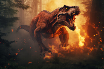 T Rex Dinosaur Screaming and Running in a Forest full of Fire and flames, Extinction event concept. Ai generated
