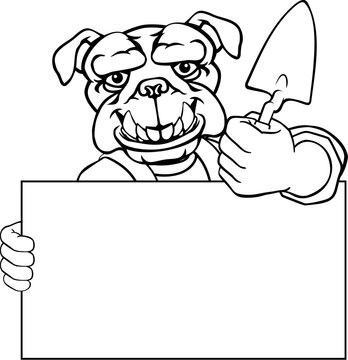 A bricklayer bulldog dog handyman cartoon construction mascot character holding a trowel tool