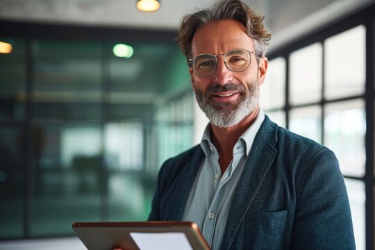 Smiling Middle Aged Business Man Ceo Investor Using Tablet Computer, Mature Older Businessman Executive Looking At Camera Advertising Finance Trading Work Standing In Office. Generative AI 