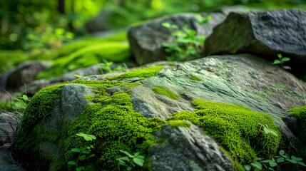 Beautiful bright green moss grown up cover the rough stones in the forest, for product display mockup background - obrazy, fototapety, plakaty