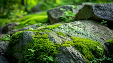 Fotobehang Beautiful bright green moss grown up cover the rough stones in the forest, for product display mockup background © Pemika