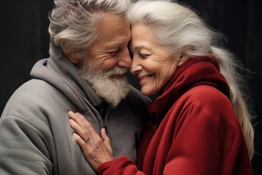 An elderly couple is embracing each other