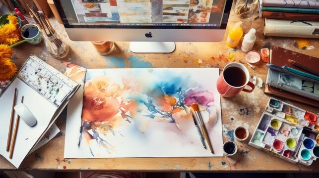 Artist's  workspace with canvas and paints and art supplies