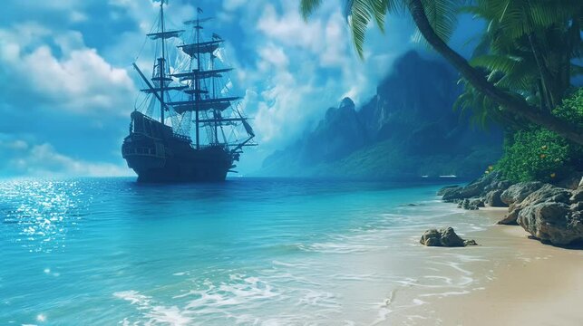 pirate ship in the beach. seamless looping time-lapse virtual video Animation Background.	