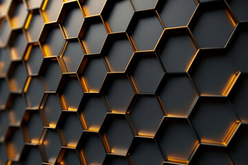 黒色とオレンジ色の六角形の背景パターン 3D レンダリング,Black and orange hexagonal background pattern 3D rendering,Generative AI	