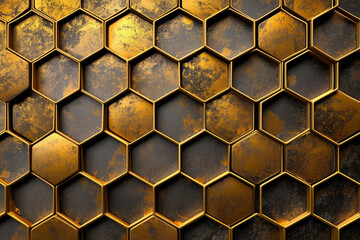 黒色とオレンジ色の六角形の背景パターン 3D レンダリング,Black and orange hexagonal background pattern 3D rendering,Generative AI	 - obrazy, fototapety, plakaty