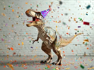 Foto op Plexiglas T-rex dinosaur figurine wearing party hat themed birthday celebration © kraftbunnies