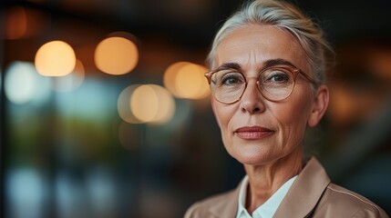 senior business woman with bokeh background. confident senior woman.