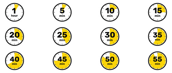 All Minutes Analog Clock Icon set white background design.