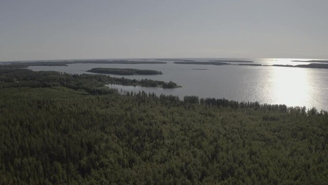 Aerial footage of Lake Oulujarvi or Lake Oulu (Lake Cajania) in the Kainuu region of Finland