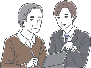 年配の男性に説明をする男性講師のイラスト素材