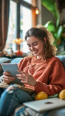 Smiling young woman chilling on sofa holding mobile phone using app on cellphone and laptop technology typing on smartphone device relaxing on couch in cozy living room home, Generative AI 