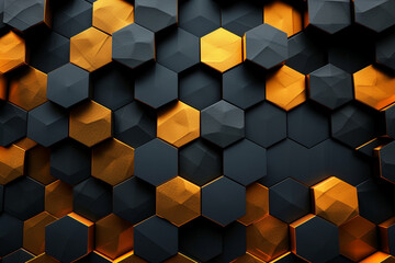 黒色とオレンジ色の六角形の背景パターン 3D レンダリング,Black and orange hexagonal background pattern 3D rendering,Generative AI	 - obrazy, fototapety, plakaty